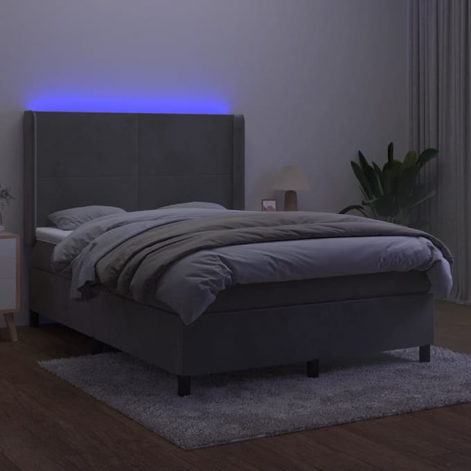 vidaXL - Boxspring - met - matras - en - LED - fluweel - lichtgrijs - 140x200 - cm