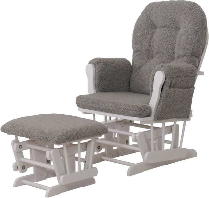 Relaxstoel MCW-C76, schommelstoel + voetenbankje, bouclé-stof 480 g/m² ~ grijs, wit frame