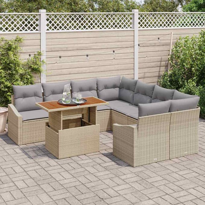 vidaXL Tuin Eettafel Set met kussen 9 pcs Beige en Grijs
