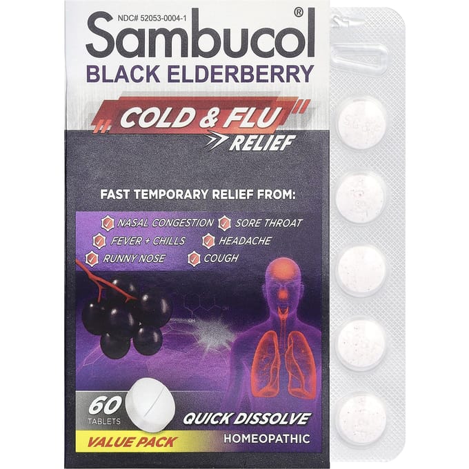 Sambucol, zwarte vlierbes, verlichting bij verkoudheid en griep, 60 tabletten