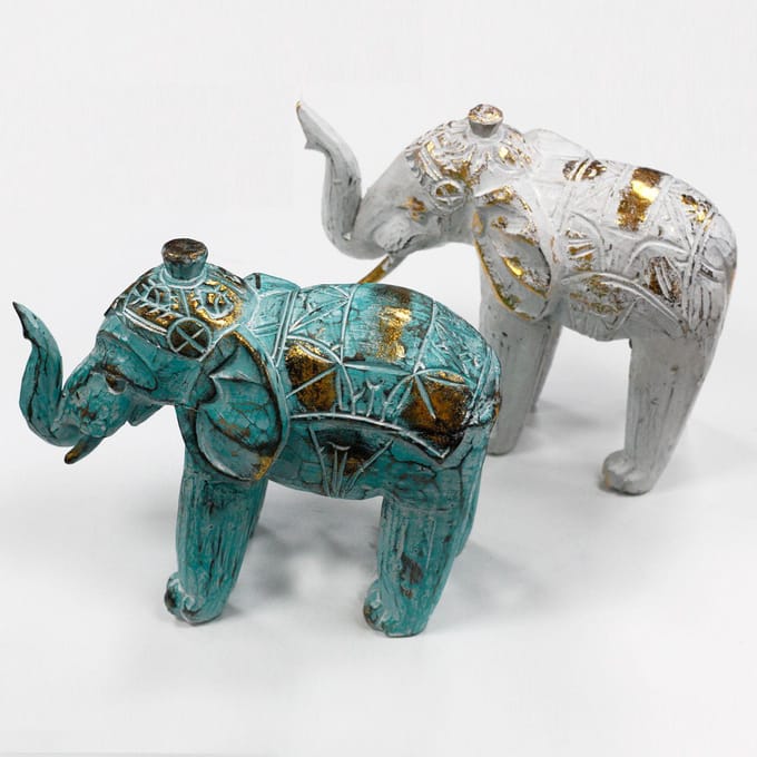 Hout Gesneden Olifant Beeld - Turquoise & Goud - Handgemaakt - 8x27x24cm