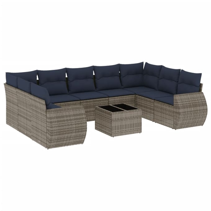 vidaXL - 10-delige - tuinbankset - met - kussens, - grijs - polyrotan