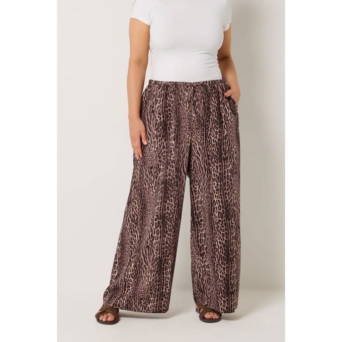 Yours Bruine Broek Met Luipaardprint En Wijde Pijpen Size 48
