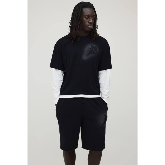 Oversized Ruime B Applicatie Faux Laag Gewassen T-shirt En Short Set | Black | Size Medium