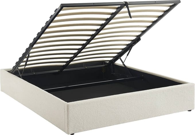 sweeek - Bed met lattenbodem en hoofdeinde, bouclé afwerking, wit