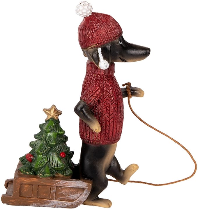 Clayre & Eef Kerstdecoratie Beeld Hond Teckel 8x4x13 cm Bruin Rood Kunststof
