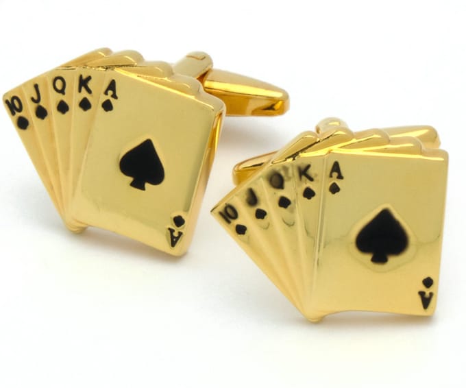 Manchetknopen - Kaarten Royal Flush Schoppen Goud