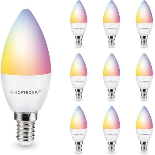 HOFTRONIC SMART Set van 10 Smart lampen - E14 Kaarslamp - 5,5 Watt 470 lumen - RGBWW - Wifi & Bluetooth - Bestuurbaar via app - Google Home, Amazon