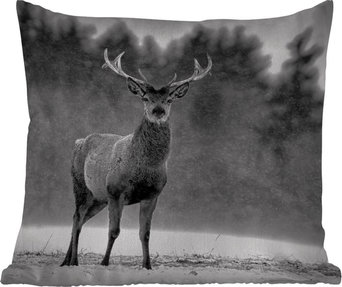 Tuinkussen - Dieren - Hert - Winter - Zwart - Wit - 40x40 cm - Weerbestendig