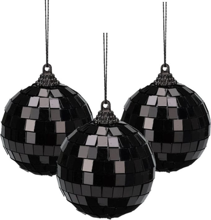 Christmas Decoration discobal kerstbal - 3x - zwart -8 cm -kunststof