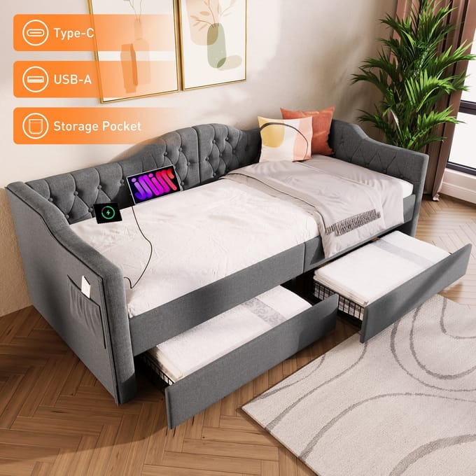 Daybed 90x200 cm - Gestoffeerd Bed Met USB-C En 2 Lades - Linnen - Grijs