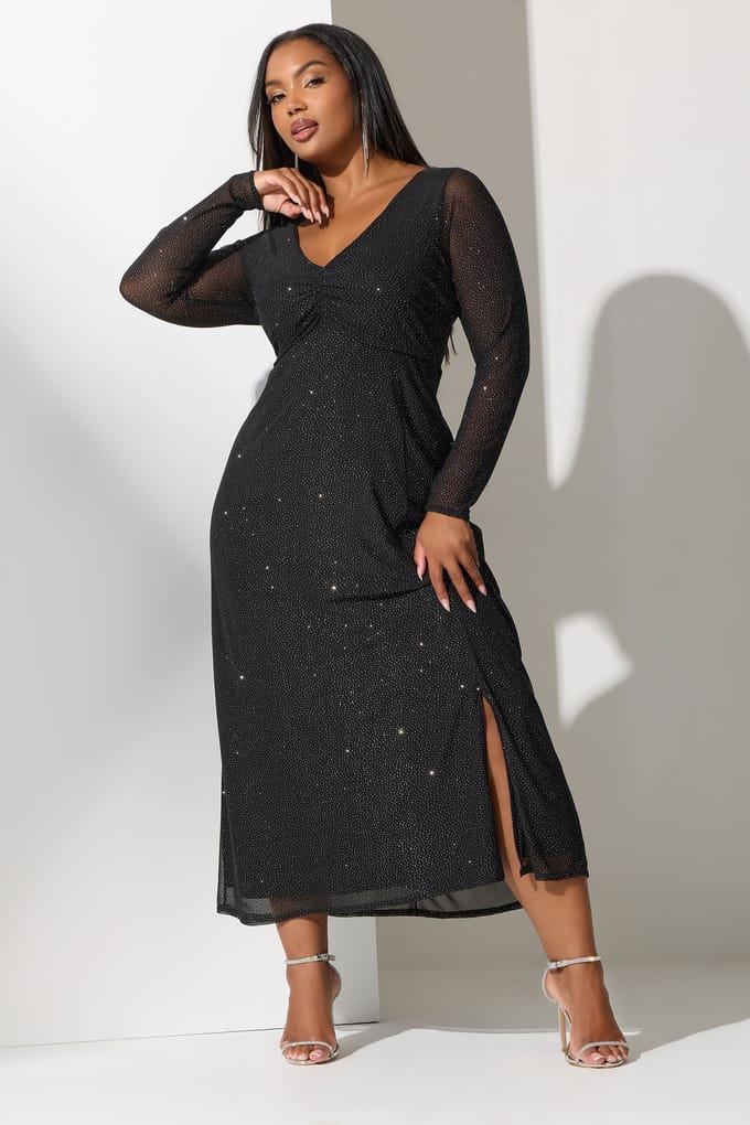 Yours London Zwarte Glitter Maxijurk Met Gerimpelde Voorkant Size 42