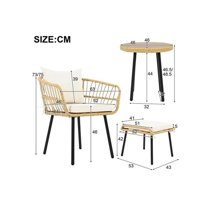 Ensemble de jardin lounge 5 pièces, composé de 1 table à manger, 2 chaises, 2 tabourets, meubles, rotin, naturel