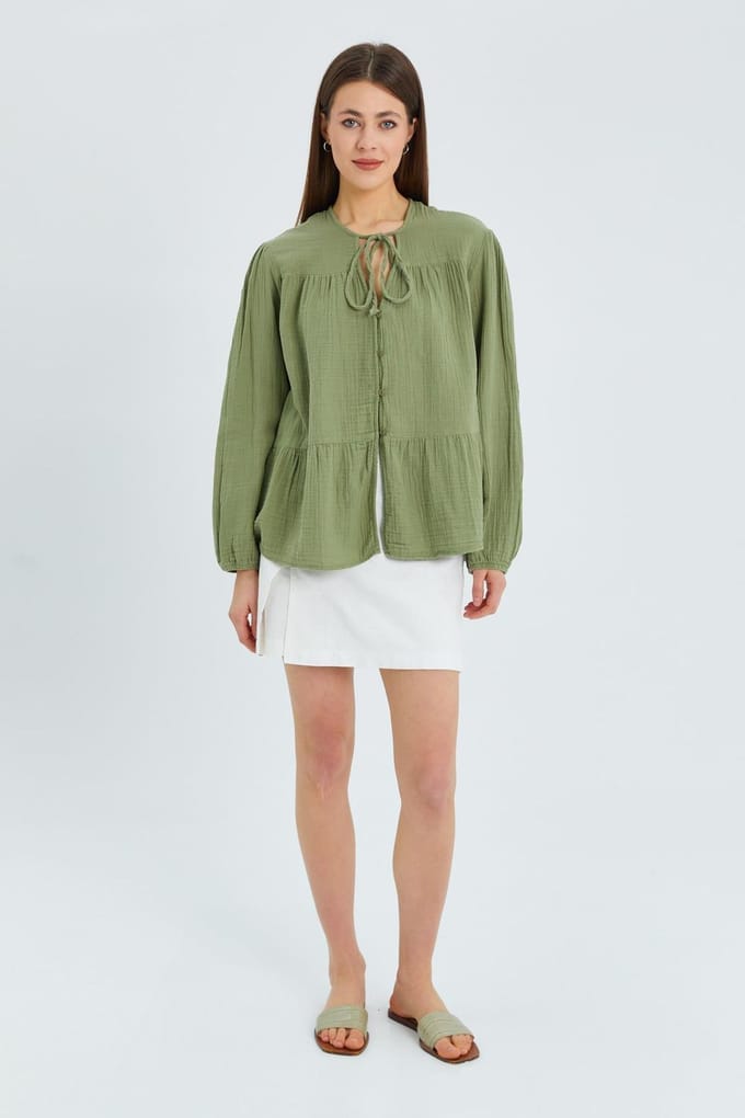 Lange Mouwen Losse Blouse met Strikhals