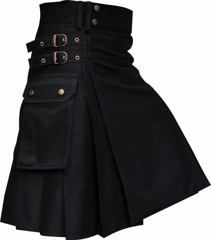 Schotse Katoenen Kilt, Traditioneel Zwart, Dubbele Gesp Sluiting 24" Drop