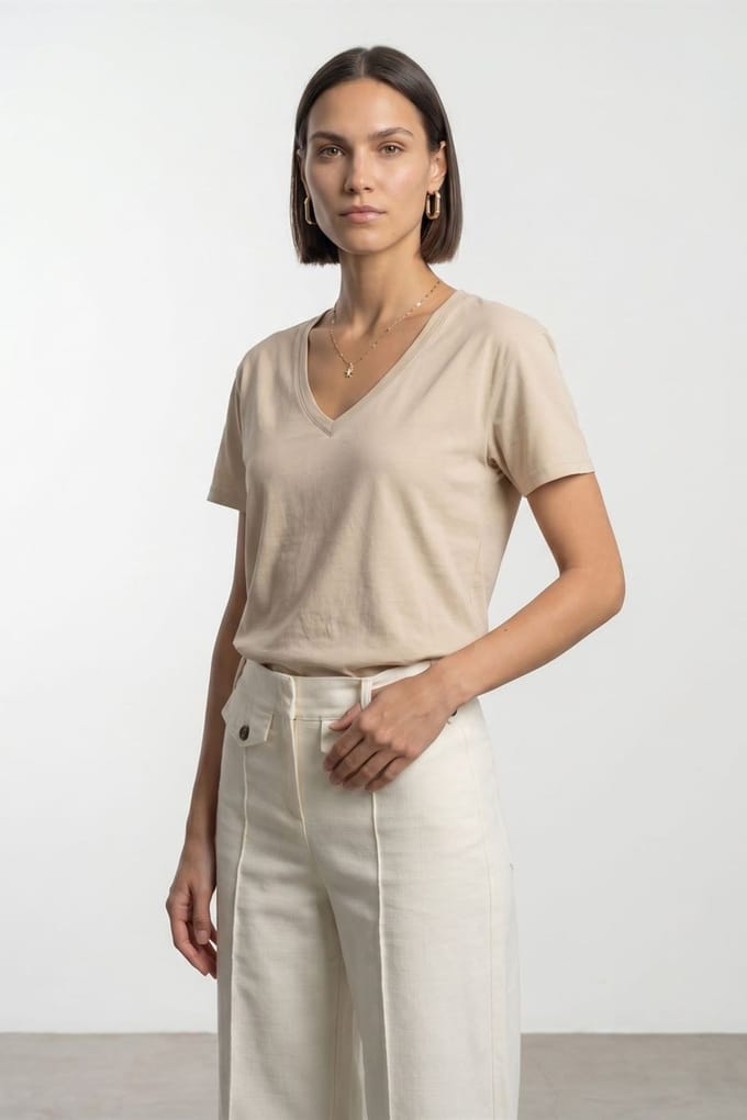 Katoenen Tencel V-hals Korte Mouwen Blouse
