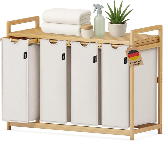Wasmand met 4 Vakken 198 Liter - Bamboe Wasbox voor Sorteren