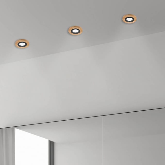 Lamkur Plafond inbouwlamp Tobby, Ø 10 cm, set van 3, eikenhout GU10