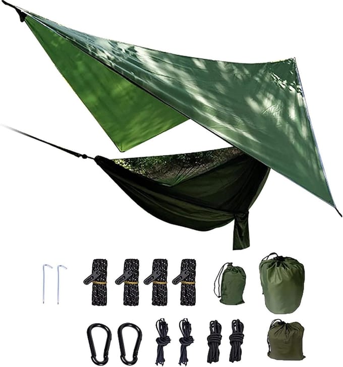 Camping Hangmat Set - Buitenbed - Ontspannen Buiten - Met Muggennet - 270x140cm - Legergroen
