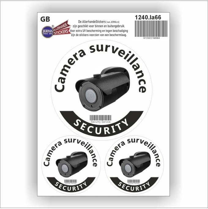 CCTV Sticker Set - Camerabewaking Stickers - Eigendom Beveiligen - 3 Delige Set - Ø12 cm - Meertalig