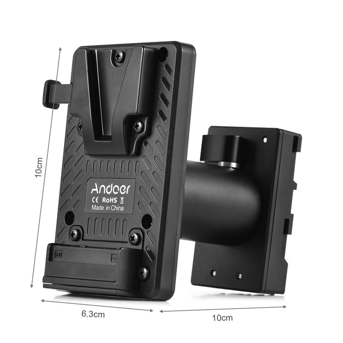 Andoer V-Lock V-mount batterijplaat op BP-U dummy-batterijadapter met verstelbare staafvervanging zwart