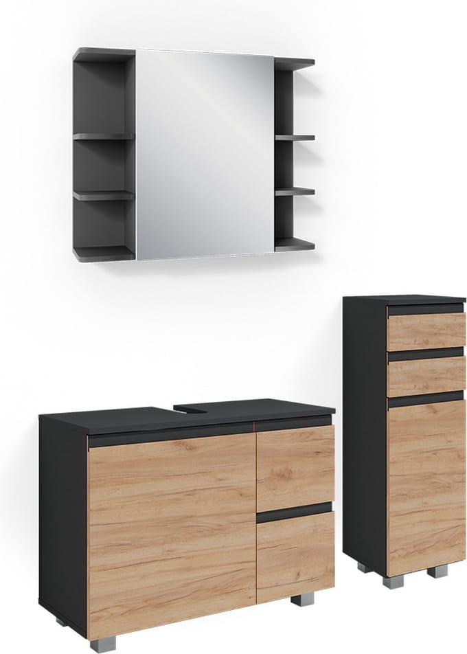 Vicco Badkamermeubel set J-Shape, Antraciet/Goudkleurig Eiken, 3-delig