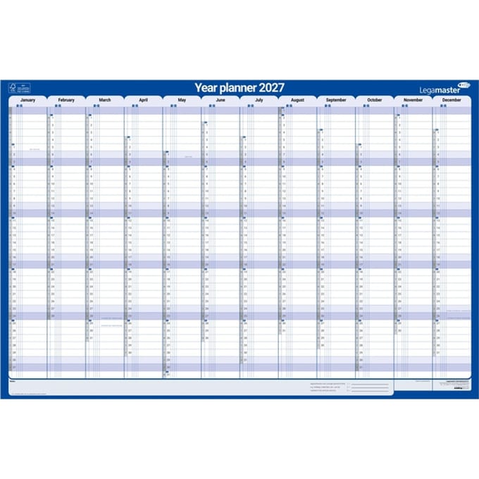 Jaarplanner 2027 Legamaster 1 persoon 90x60cm horizontaal gelamineerd Engelstalig
