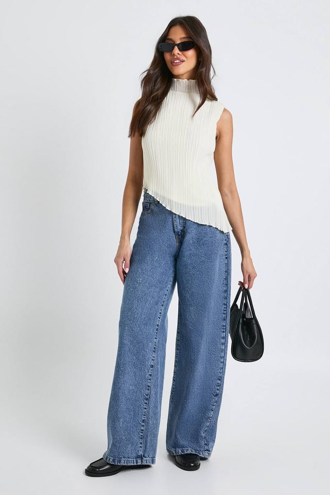 boohoo Dames Plisse blouse met hoge hals | Creme | Maat: 42