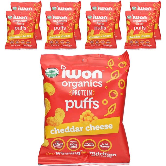 IWON Organics, Organics Protein Puff, Cheddar Cheese, 8 zakjes, 42g (1.5oz) elk