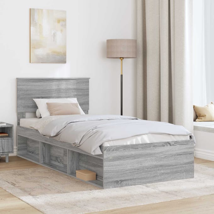 vidaXL - Bedframe - met - hoofdeinde - Grijs - Sonoma - 75 - x - 190 - cm - Bewerkt - hout