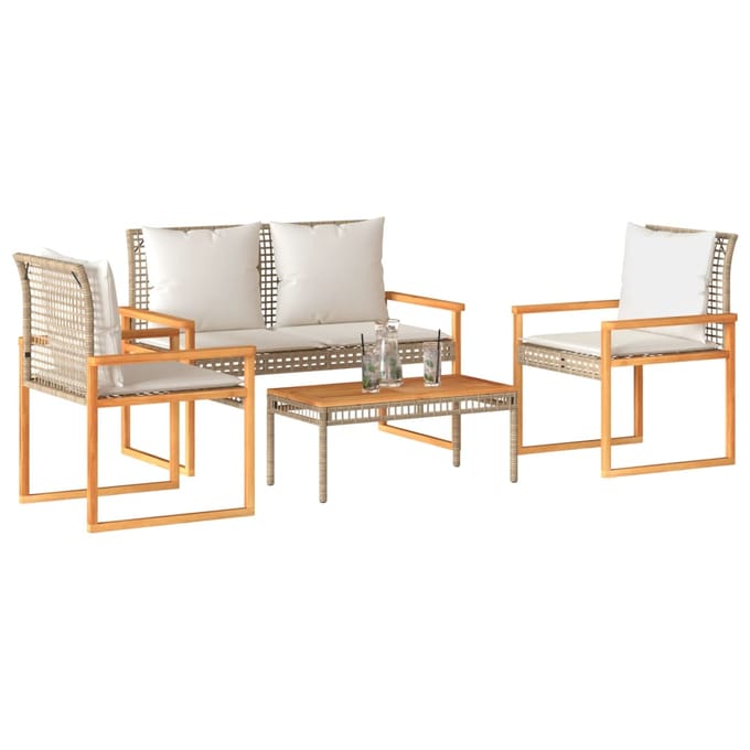 vidaXL - 4-delige - Loungeset - met - kussens - poly - rattan - gemengd - beige