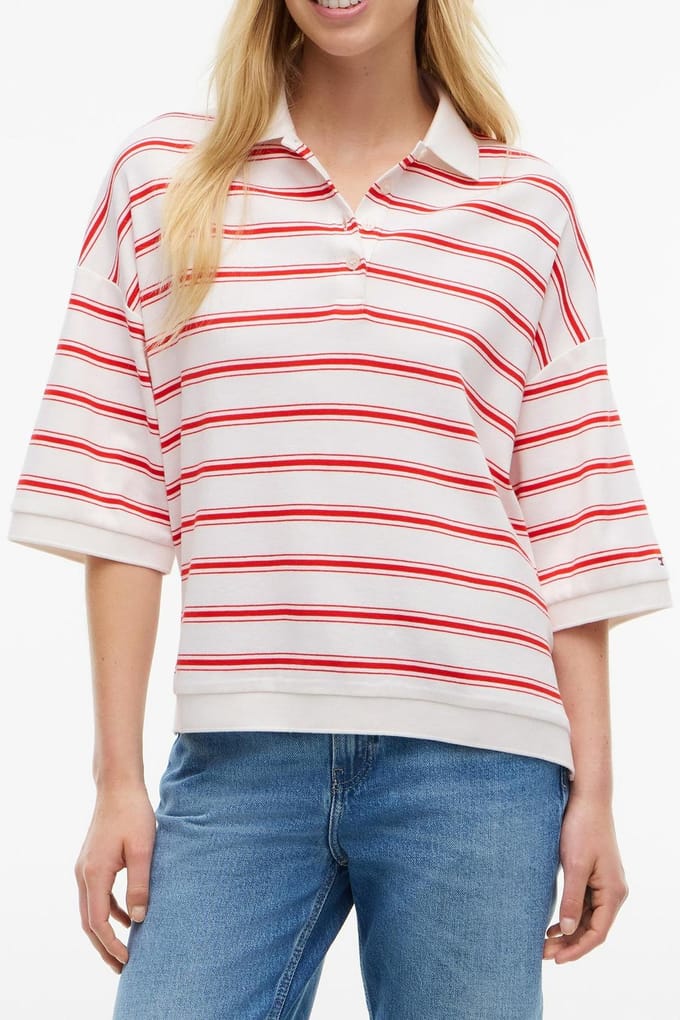 Tommy Hilfiger Oversized Fit Stripe Polo Shirt Multi Ecru/fire Red Größe: M | Poloshirts Outlet | Damen | Rot