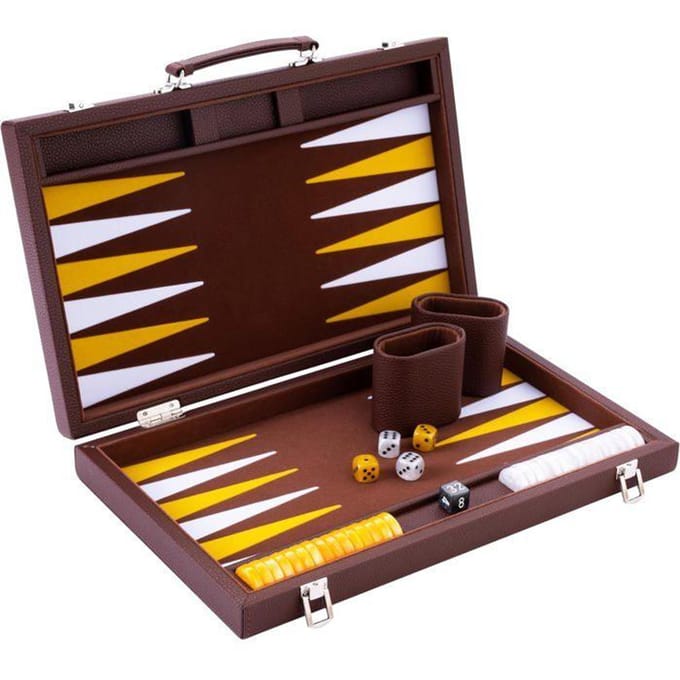 Backgammon 15 inch - Bruin, Geel & Wit Ingelegd Bord - Luxe Bruine Koffer met Handvat - Engelhart
