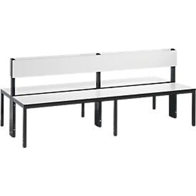 Basic Plus bank, 2-zijdig, rugleuning, zonder schoenenrek, 4-poots frame zwart grijs RAL 7021, B 1960 mm, decor wit