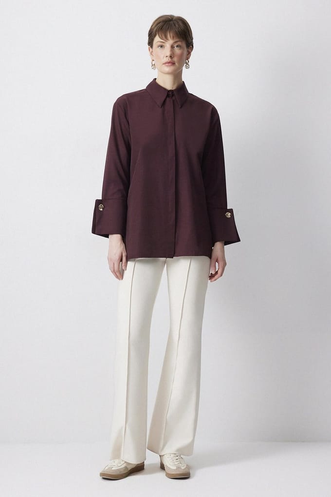 Touché Privé - Poplin blouse met brede manchetten - Bordeaux - Dames