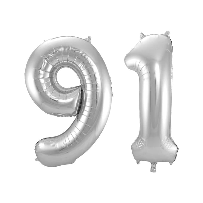 Folieballon 91 jaar - Zilver - 86 cm