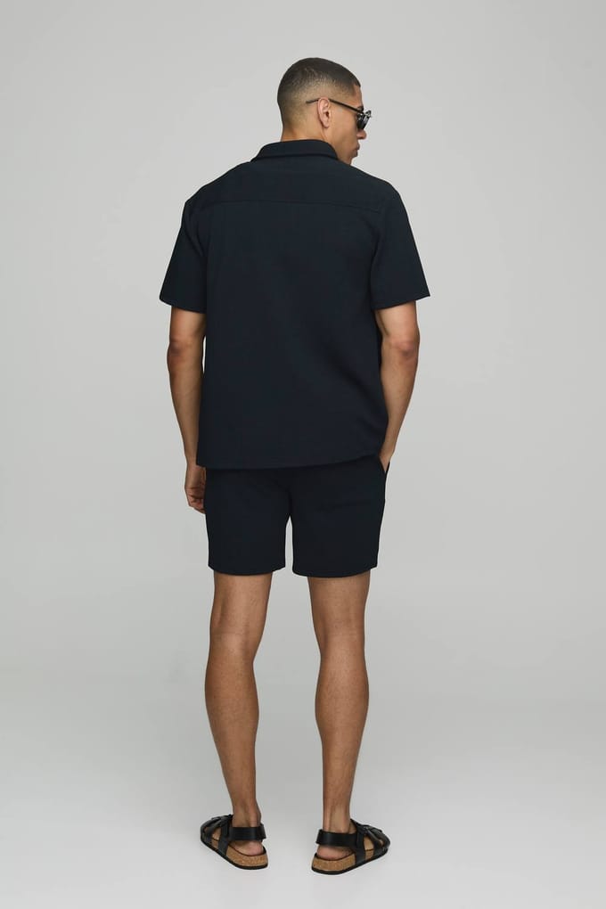 Korte mouwen jersey visgraat overhemd en shortset | Black | Size Medium