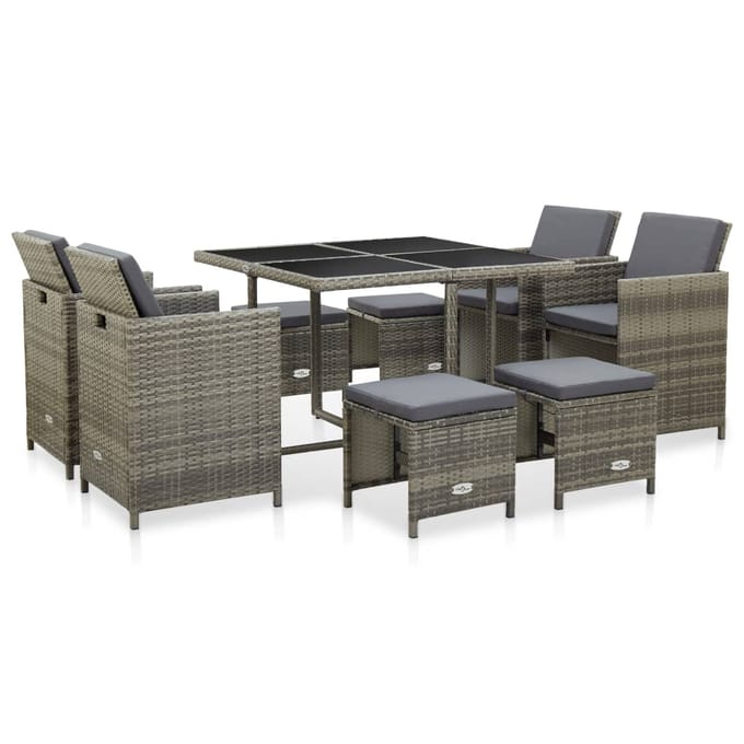 vidaXL - 9-delige - Tuinset - met - kussens - poly - rattan - grijs