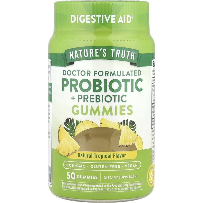 Nature's Truth, Probiotisch Spijsverteringssupplement, Natuurlijke Tropische Smaak, Vegan Gummies, 50 Stuks