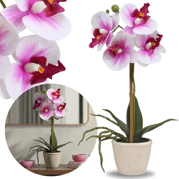 Kunstmatige orchidee, wit-roze orchidee in pot, levensecht, decoratieve bloem PREMIUM 30 cm