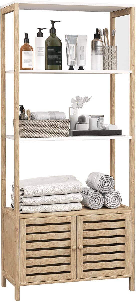 HOMCOM-Badkamerrek-Bamboe-63x30x138cm-Natuurlijk hout en wit