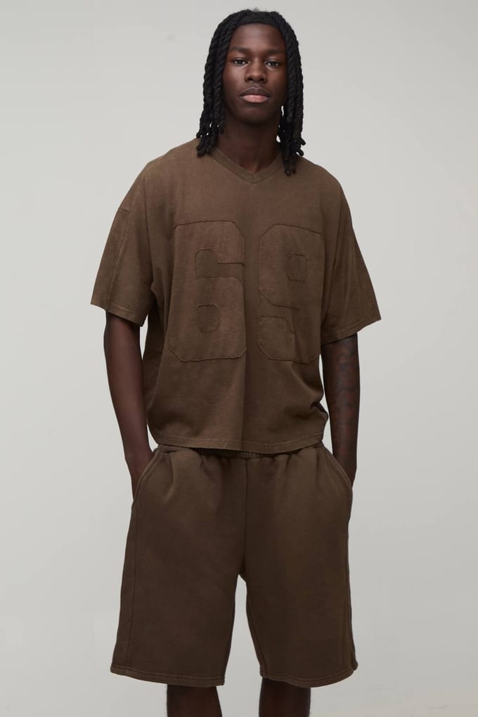 Oversized Boxy Appliqué Gewassen T-shirt En Short Set | Brown | Size Medium