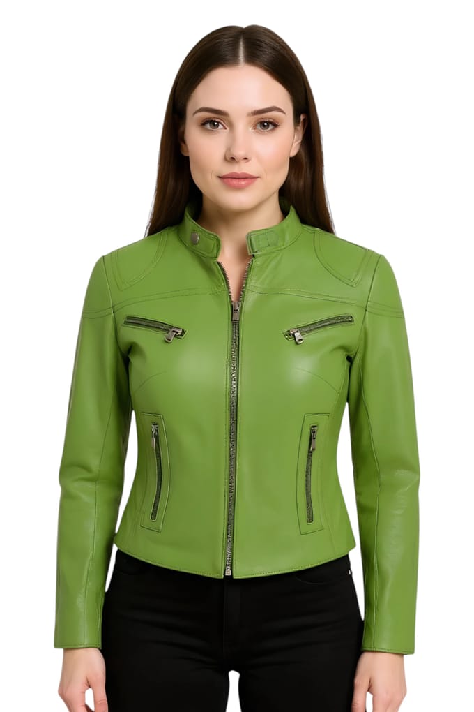 Dames Groen Casual Slim-Fit Leren Bikerjack - Tulsa