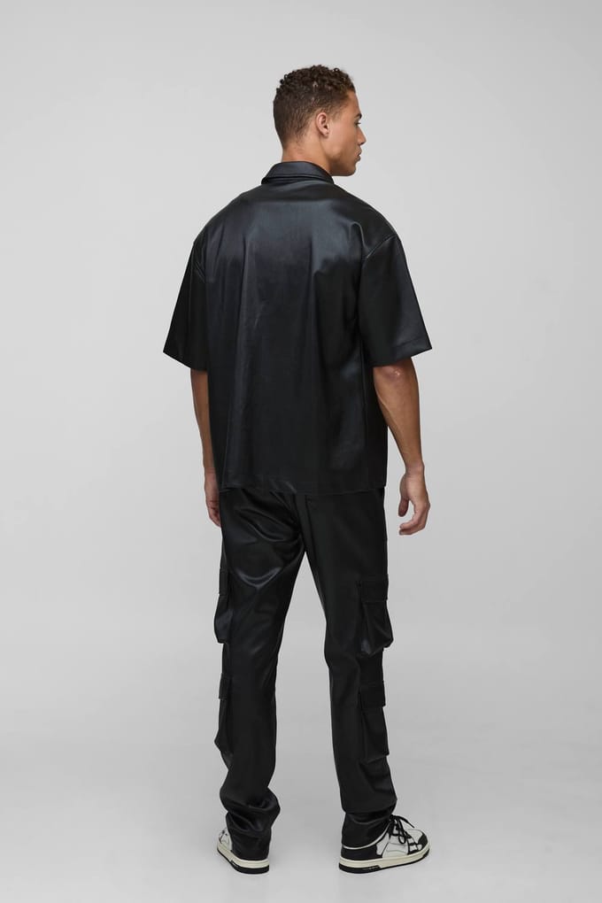 Hoge geplooide PU gestapelde cargobroeken met wijde pijpen | Black | Size 32