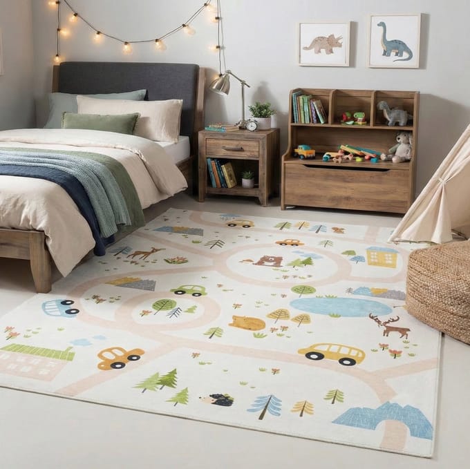 Flycarpets Kindervloerkleed - Happy Roads Beige/Multi 80x150 cm