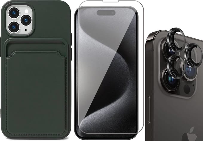 Hoesje Pasjeshouder geschikt voor iPhone 15 Pro Max - Screenprotector GlassGuard + Camera Lens Screen Protector Zwart - Siliconen Case Back Cover Groen