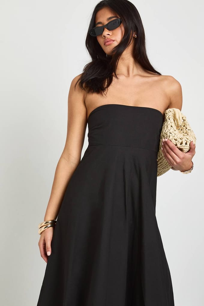 boohoo Dames Katoenen Poplin Maxi Jurk Met Gerimpelde Elastische Rug | Zwart | Maat: 36