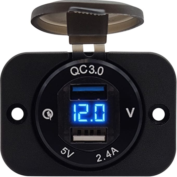 ProRide 12V USB Stopcontact 2 Poorten Inbouw met Voltmeter - 5V/2.4A - DS2114B - USB Autolader, Boot en Camper - Complete set - Blauw
