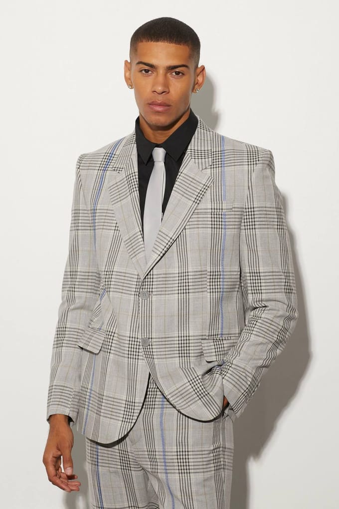 Oversized Boxy Check Contrast Stitch Jacket | Grey | Size 46