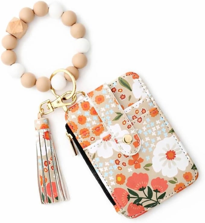 Stijlvolle Boho Mini Portemonnee met Kaartsleuven, Rits en Sleutelhanger in Khaki, Compact en Functioneel, 8.5 x 12 cm